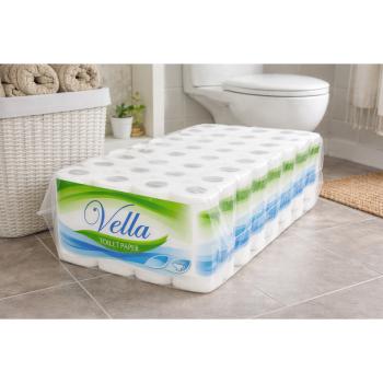 Preview: 64 Rollen Toilettenpapier 3-lagig weiß, Vella, weich und sanft, Zellstoff, 150 Blatt pro Rolle