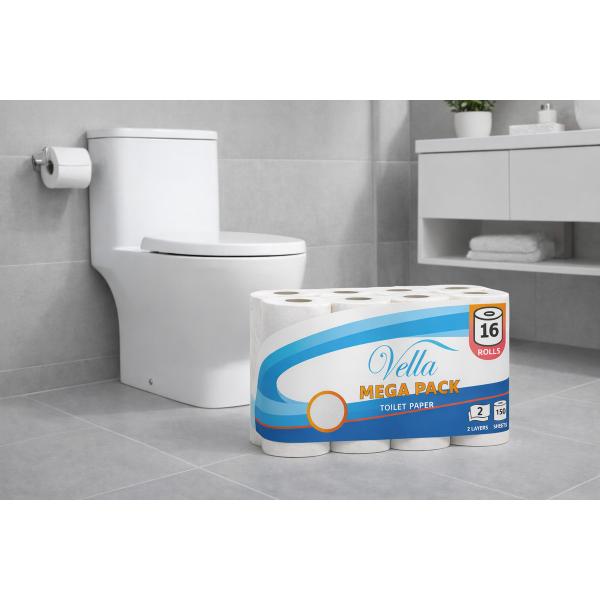 64 Rollen Toilettenpapier 2-lagig weiß, Vella, weich und sanft, Zellstoff, 150 Blatt pro Rolle